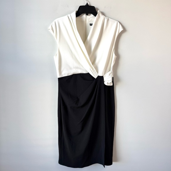 Maggy London Twist Side Sheath Dress Black Ivory 6 - Picture 2 of 10